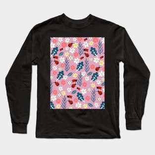 Spring meadow in bloom with ladybirds on dark pink background Long Sleeve T-Shirt